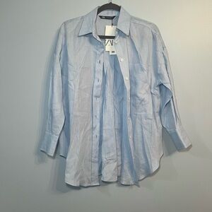 Zara Blue Linen Oversized Button Up Shirt
